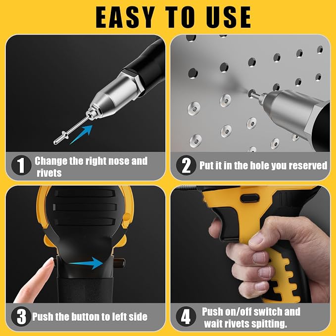 Cerycose Rivet Gun Compatible with Dewalt 20V Battery, Cordless Rivet Tool with 3 Size (1/8", 5/32", 3/16") Aluminum Rivets, Brushless Motor Rivet Gun Kit Nose Piece, Tool Only