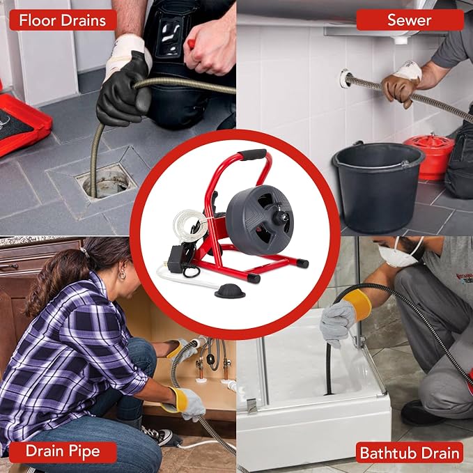 PIONEERWORKS 50Ft x 5/16 Inch Drain Cleaner Machine, Professional Electric Drain Auger for 3/4-3 Inch Pipes, Foot Switch with 6 Cutters, Gloves, Drain Auger Cleaner Sewer Snake - DA04
