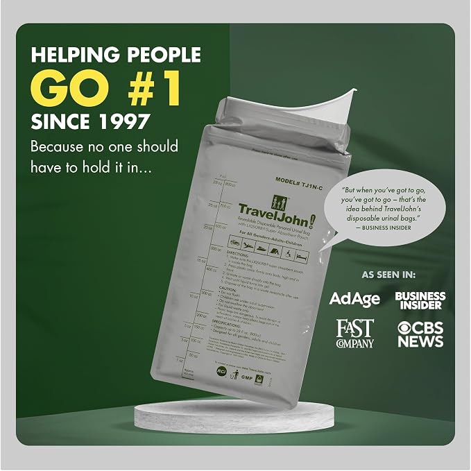 TravelJohn Resealable Disposable Urinal Bags – Road Trip Essentials for Men, Women & Kids – Odorless Leakproof Portable Urine Bags – Travel Urinal for Camping & Emergencies (TJ1N-C)