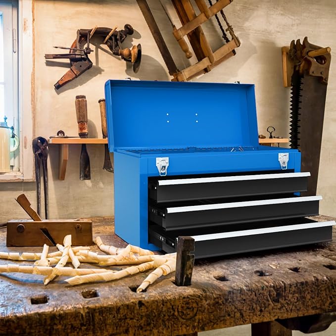 ERGOMASTER Portable Tool Box, Metal Tool Box with 3 Drawers, Lockable Heavy Duty Tool Chest Storage Toolbox for Garage, Workshop (Blue)