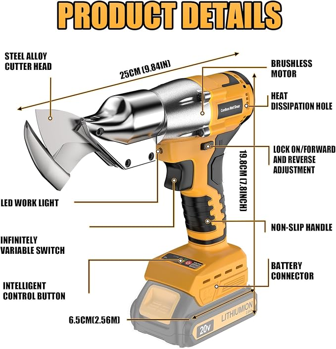 Cordless Sheet Metal Cutter Brushless Compatible with Dewalt 20v Max Battery(Tool Only), Metal Shears 360 Degree Pivoting Head for Cutting Stainless Sheet, Metal, Iron, 221 Ft-Lbs