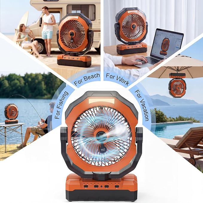 460ml Tank Portable Misting Fan,36000mAh Rechargeable Battery Powered Camping Fan with 4 Speeds,3 Timers,2 Light Modes,Jobsite Beach Summer Essentials,Mist Fan for Indoor Outdoor Patios Travel,Orange
