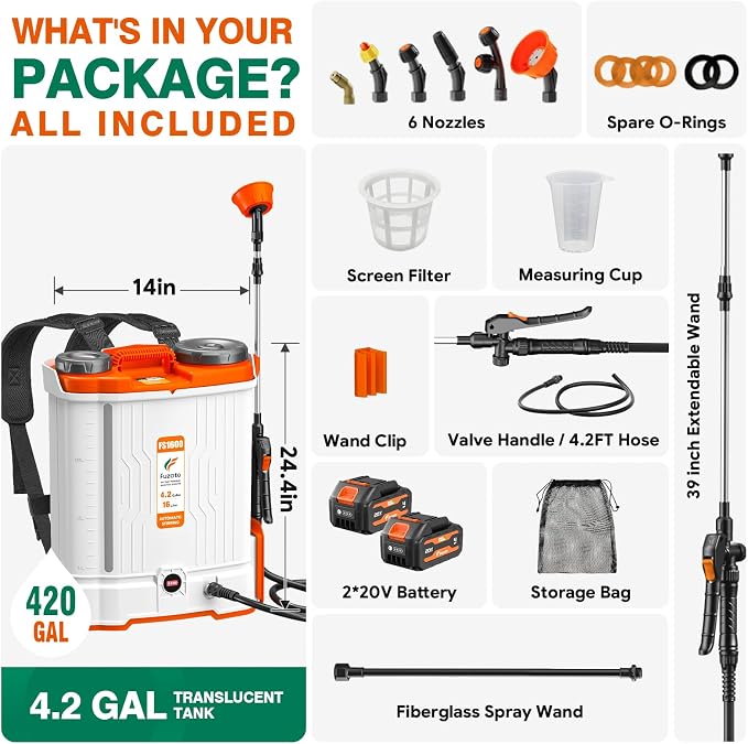 4.2 Gallon Battery Powered Backpack Sprayer for Lawn, Garden, Yard | Built-in Mixing System,45-90PSI Adjustable Pressure,6 Hours Long Battery Life,6 Spray Nozzles,39" Telescopic Wand