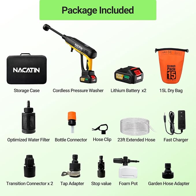 Cordless Washer, 3 Gear Brushless Washer for Car Washing, Patio, Fence, Driveway, Outdoor Cleaning, with 2 Batteries, 6 in 1 Nozzle, 6 Meter Hose, Tap Adapter
