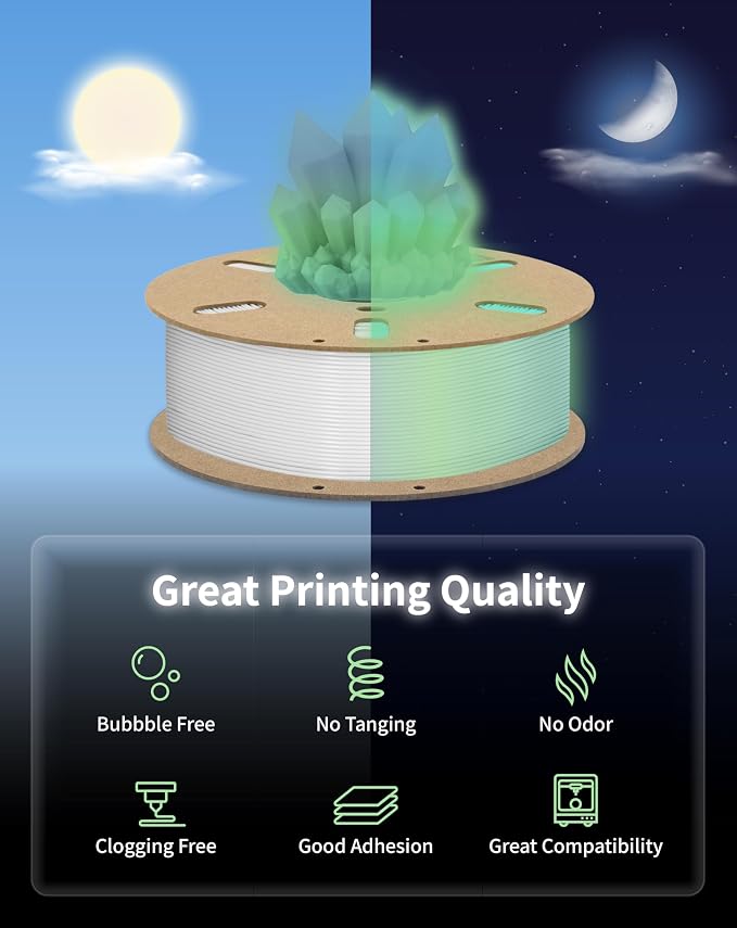 DURAMIC 3D PLA Glow in The Dark Filament Luminous Neatly Wound 1.75mm 1Kg | 3D Printing Filament 1.75mm Dimensional Accuracy +/- 0.02 mm, Fit Most FDM 3D Printers Glow Rainbow
