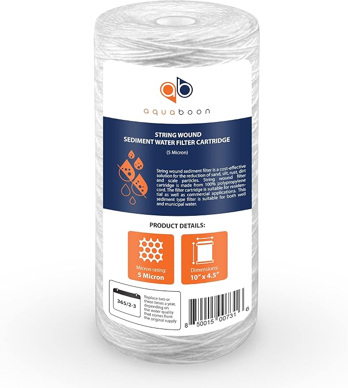 Aquaboon 5 Micron Water Filter 10 x 4.5 inch - String Wound Water Filter for Whole House System - Compatible with 84637, WPX5BB97P, PC10, 355214-45, 355215-45, WP10BB97P, WP5BB97P (6 Pack)