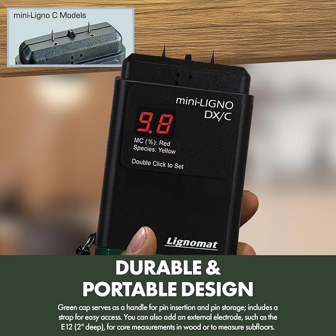 Lignomat mini-Ligno DX/C - Professional Pin Type Wood Moisture Meter for Firewood, Concrete, Subfloors, OSB, Drywall, Flooring with LED Display & 46 Settings