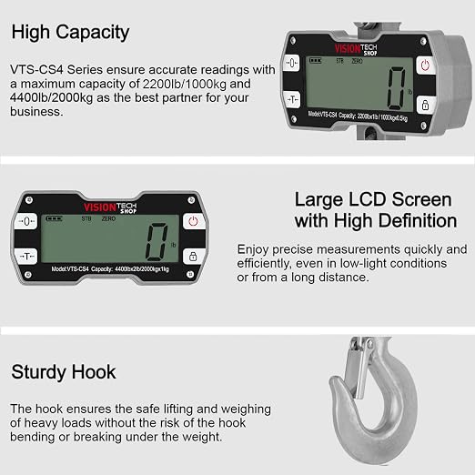 VisionTechShop Digital Crane Scale, VTS-CS4 4400lb/2000kg Heavy Duty Compact Hanging Industrial Scale with Remote Control, Large LCD Display, Backlight for Farm, Factory, Construction