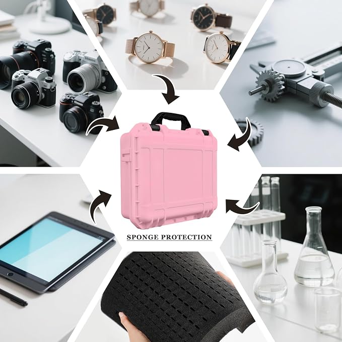 Relaxweex 1 Pcs Waterproof Hard Case with DIY Customizable Foam Insert Portable Protective Case with Knife for Camera Drones Equipments Tools Test Instruments(Pink,16.3 x 12.4 x 6.5 Inch)