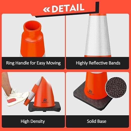 RoadHero 8 Pack Traffic Safety Cones 28 Inch with Black Weighted Base, Orange Cones with Reflective Collars for Parking Lot, Road Safety, Construction Events