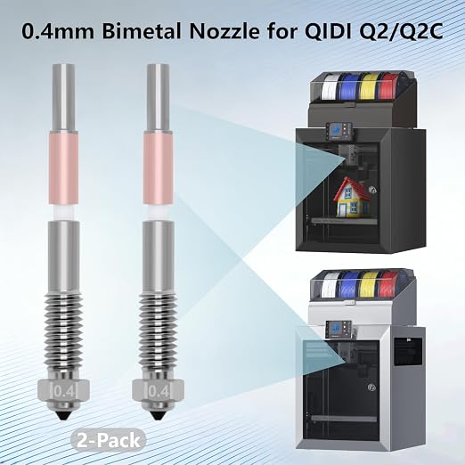 2PCS 0.4mm Bimetal Nozzle for QIDI Q2/Q2C, Quick-Swap Integrated Ceramic Throat Tube Hardened Steel Nozzle All-Metal High Temperature Resistant Hotend Nozzles Replacement for QIDI Q2 3D Printer