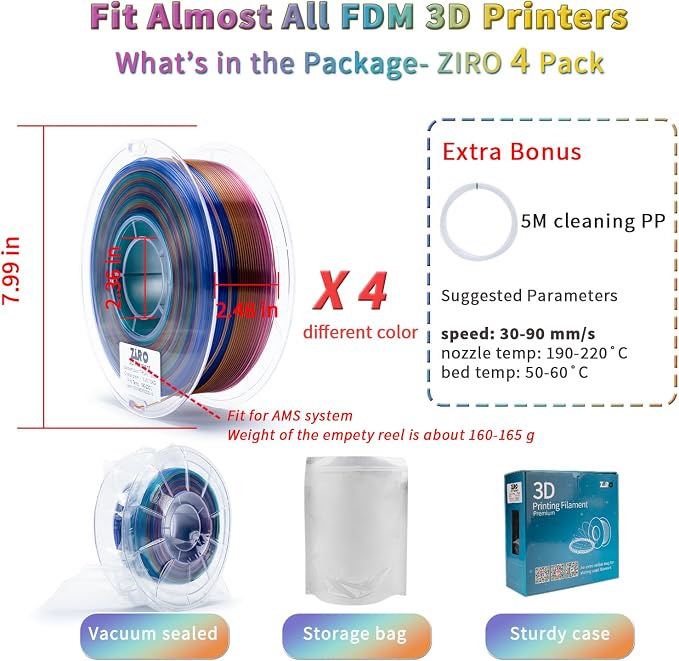 ZIRO Fast Color Changing PLA Bundle, Transluent Multicolor Filament 1.75mm, 3D Printing Material, Crystal Series 1kg x 4 Spool, Dimensional Accuracy +/-0.03mm, Fit Most 3D Printers, 4 Pack