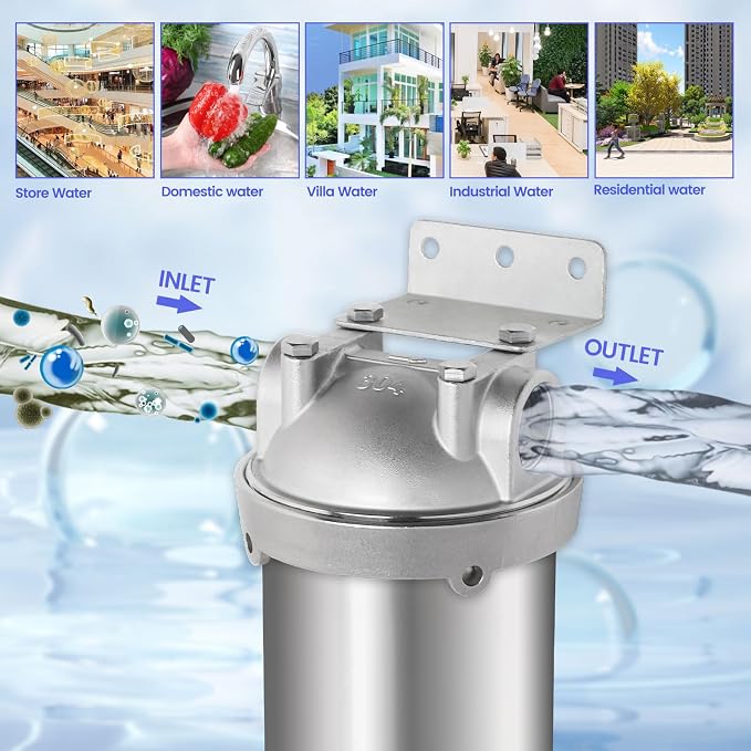 NSF/ANSI 42 Stainless Steel Whole House Water Filter Housing, 10" x 2.5" Sediment Water Filter System for Heavy Duty, Well & City Water, 1/2" NPT Port, Drain Valve Style C(Square Head)