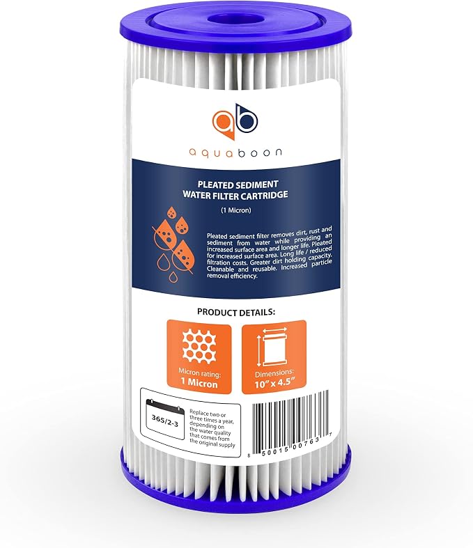 Aquaboon 1 Micron Pleated Water Filter 10 x 4.5 for Whole House Sediment Water Filter Replacement Compatible with Well Filters FXHSC, R50-BBSA (4-PACK)
