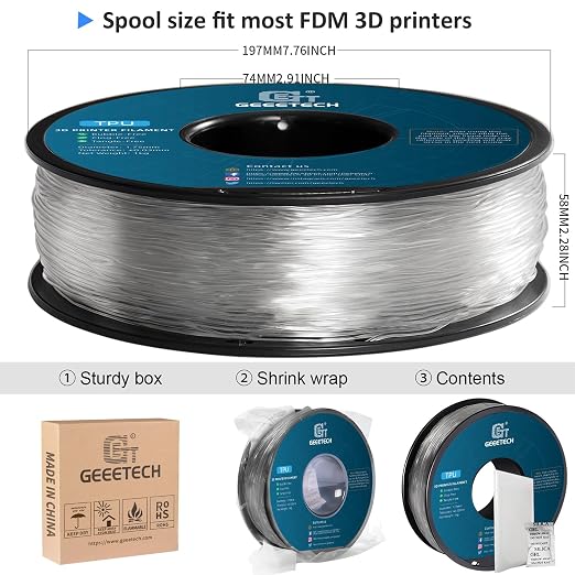 GEEETECH Flexible TPU Filament 1.75mm, TPU Filament 95A for 3D Printer, 1kg Spool, Transparent