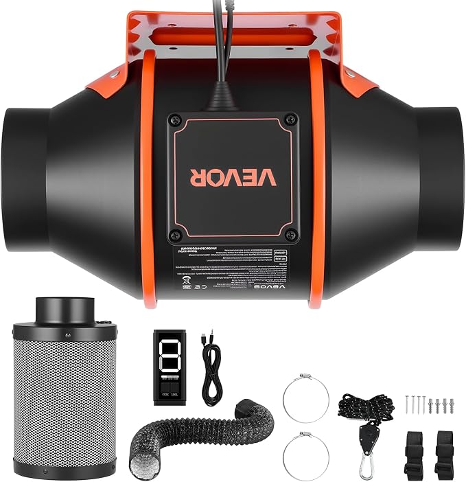 VEVOR Inline Duct Fan Kit with Carbon Filter, 205 CFM 4 inch EC Motor Ventilation Fan with 3-Speed Circulation, 10-Speed PWM Controller, Timer, Cooling for Grow Tents, Indoor Gardening, Hydroponics