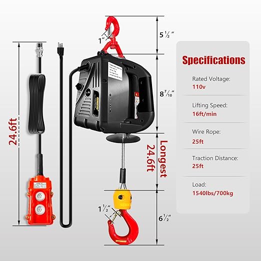 Power Electric Portable Hoist Winch 1540LBS, 3 in 1 Electric Cable Hoist 110V 25 FT with Lifting Strap, Electric Hoist Lift Ceiling Winch for Lifting Towing