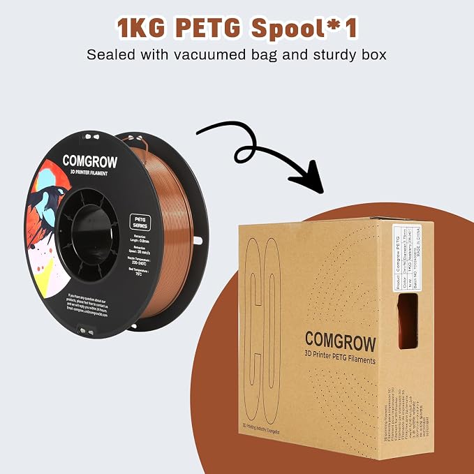 Comgrow PETG 3D Printer Filament 1.75mm, High Precision and Tough 3D Printer Filament 1kg (2.2LBS), Dimensional Accuracy +/- 0.02 mm, Fit Most 3D Printers Brown