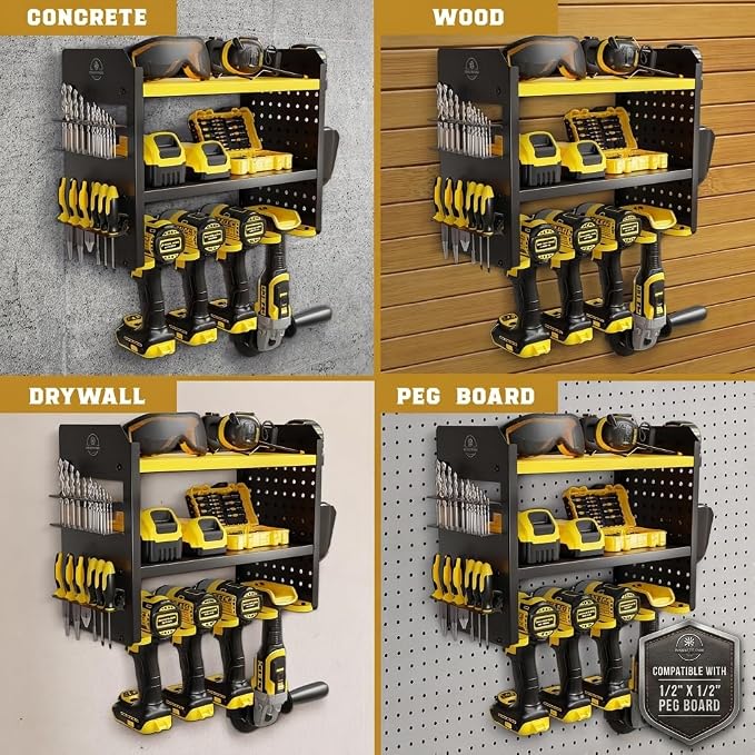 BUILTSTRONG Power Tool Organizer Wall Mount – 3-Tier Heavy-Duty Steel Rack, 4 Drill Slots, Pegboard + Utility Side, 100 lb Capacity – Garage, Workshop & Shed Storage (Yellow)