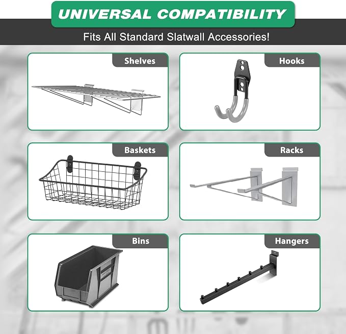 Slatwall Panel Garage Wall Organizer Storage Systems, Wall Mounted PVC Storage Rack with 5 Hooks, Interlocking Workshop Slat Wall Paneling Sheets Board Shelves Tools Organization-Grey(2’H x 4’W)