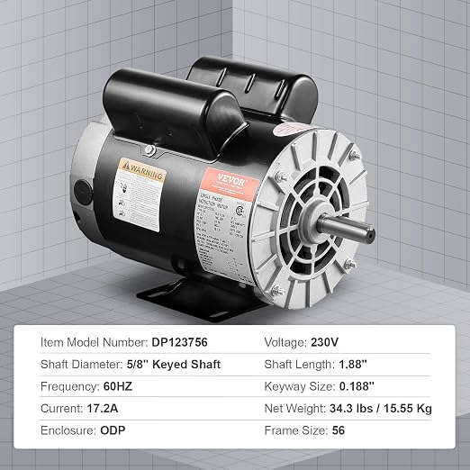 VEVOR 3.7HP Air Compressor Motor, 3450RPM Electric Motor, 230V 17.2 Amps, 5/8" Keyed Shaft 56 Frame, 1.88" Shaft Length, Single Phase, CCW/CW Rotation (Factory Setting is CCW)