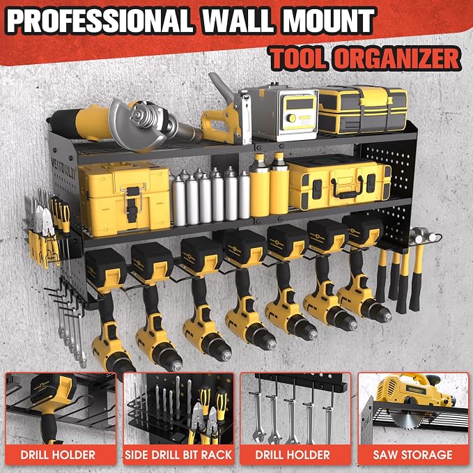Large Power Tool Organizer Wall Mount, 3-Tier Heavy Duty Metal Loads 260 lbs, 9 Cordless Drill Holder Garage Tool Storage Rack, Utility Shelf for Workshop Shed Basement, Gifts for Men Dad Husband