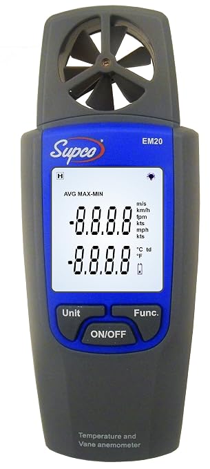 Supco EM20 Digital Vane Thermo Anemometer, 0.4 to 20 m/s Velocity, -10 to +50° C Temperature