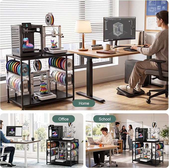 Large 3D Printer Stand with Filament Storage Heavy Duty Metal 3D Printer Table for 3 Printers Anti-Vibration Filament Storage Rack for Workshop Studio Office Black