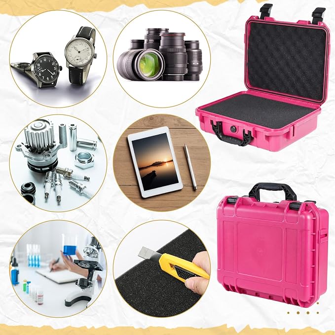 Relaxweex 1 Pcs 8.5 x 6.5 x 3.7 Inch Waterproof Hard Case with DIY Customizable Foam Insert Portable Protective Case with Knife for Camera Drones Equipments Tools Test Instruments(Rose Red)