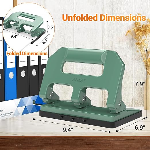 AFMAT Heavy Duty 3 Hole Punch, 3 Hole Puncher for Binder, 40-Sheet Three Hole Punch w/ 10000+ Uses, Metal Hole Puncher 3 Ring, 50% Reduced Effort, 9/32inch Hole, Bulit-in S.S. Paper Guide HPX1(Green)