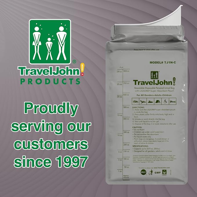 TravelJohn Resealable Disposable Urinal Bags – Road Trip Essentials for Men, Women & Kids – Odorless Leakproof Portable Urine Bags – Travel Urinal for Camping & Emergencies (TJ1N-C)