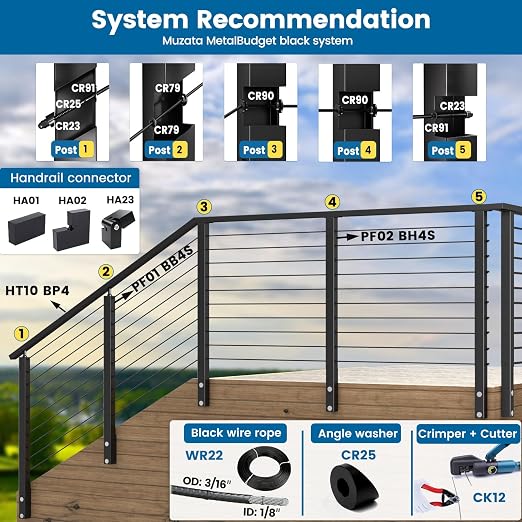 Muzata 20 Pack 1/4" ID Black Cable Railing Angle Washer 25 30 35 Degrees T316 Stainless Steel Black Angle Beveled Washer for 1/8" 5/32" 3/16" Cable Railing Hardware Kit CR25