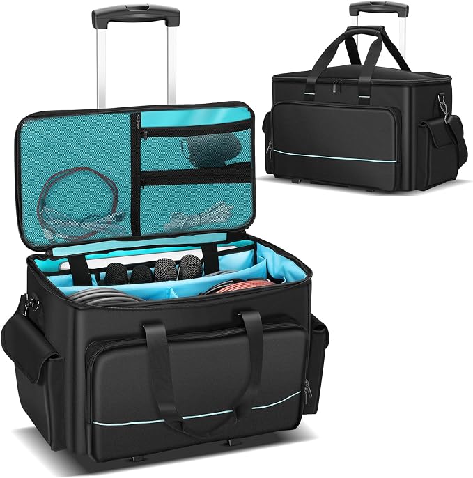 DJ Cable Bag, Rolling DJ Cable Bag with Detachable Trolley & Dividers | Large Capacity Gig Bag with Laptop Compartment, Professional Organizer Bag for Cables, Microphones, and DJ Equipment