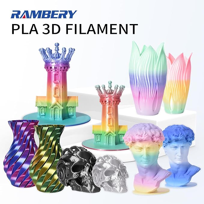 RAMBERY Silk Rainbow PLA 3D Printer Filament Bundle 4 Colors 1.75mm Multicolor 3D Printing Filament, 1kg(2.2lb) X4PCS, Candy/Universe/Red-Golden/Sunset Glow