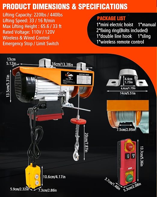 2 in 1 Electric Hoist with Remote Control, 440 lbs Capacity | Electric Hoist Winch 110V, 16ft/33ft/min Speed, 65.6 ft Lifting Height for Garage, Attic, Warehouse, Workshop, Factory