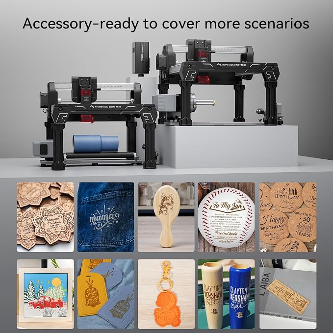 AtomStack Swift Mini Desktop Laser Engraver 3000mW Portable Wireless DIY Cutter | Plug & play compact engraver with AI software Supports wood leather & metal Stable frame WiFi/App control