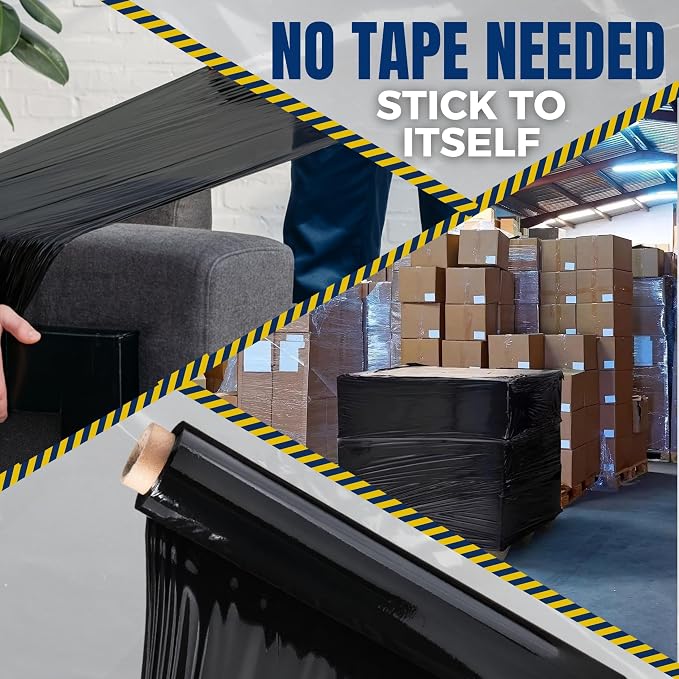 Stretch Film Wrap - Black, 18"x1500 ft, 80 Gauge – 4 Rolls Heavy Duty Pallet Wrap Stretch Wrap Roll for Packing, Moving & Shipping – Industrial Strength Durable Self Adhering Shrink Wrap Roll