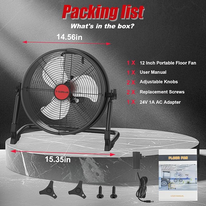 12" Battery Operated Floor Fan Compatible with Milwaukee M18 18V Battery, Portable Fan with AC Adapter and USB Output, Metal Industrial High Velocity, Stepless Speed Cordless Fan for Jobsite Garage