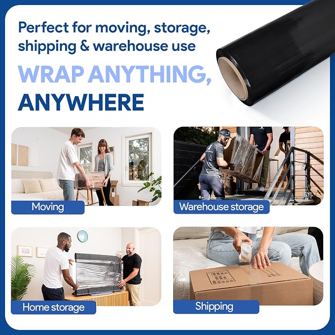 International Plastics Co. Black 18" Stretch Film/Wrap 1500 feet 7 Layers 80 Gauge Industrial Strength 800% Stretch 20 Microns Durable Adhering Packing Moving Heavy Duty Shrink Film (1 Pack, Black)