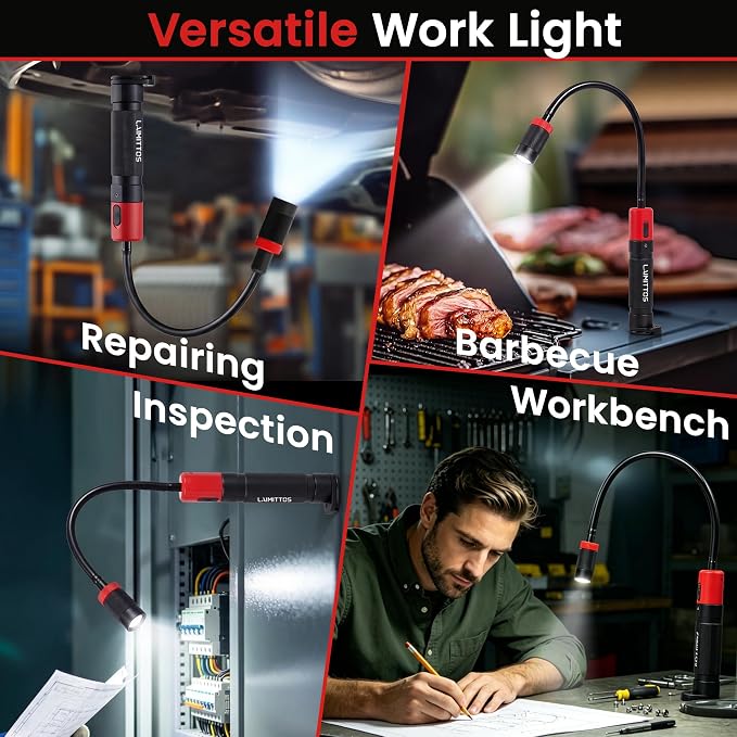 Magnetic Flashlight with Flexible Gooseneck, Rechargeable Work Light LED Zoomable Lens Flashlight, Mechanic Light for Work Bench, Auto-Repairing, Inspection, Emergency (2 Pack)