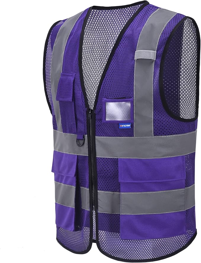 A-SAFETY Hi-Vis Mesh Vest with Reflective Strips, Front Zipper, Purple, XS | Purple XS mesh vest with clear ID pocket, radio mic loop and reflective strips for laboratory safety; for men and women.