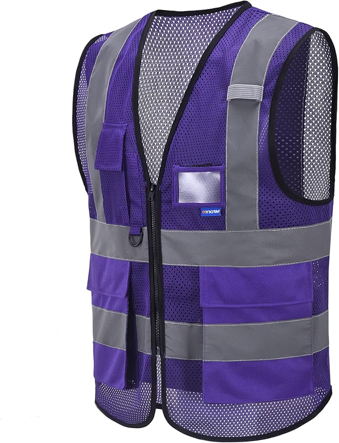 A-SAFETY Hi-Vis Mesh Vest, Breathable, Black Front Zipper, Purple, 6XL-8XL | Purple 6XL-8XL mesh vest with clear PVC ID holder, mic tabs and high-visibility reflective strips for material handling.