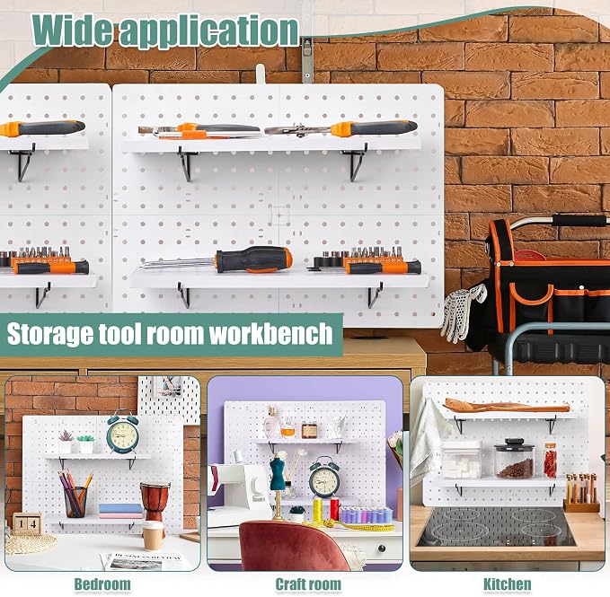 Qunclay 8 Pack Pegboard Shelf Set Wooden Shelves with Metal Brackets Hook Wall Pegboard Shelving Heavy Duty Accessories for Crafts Home Office Garage Workbench(White)