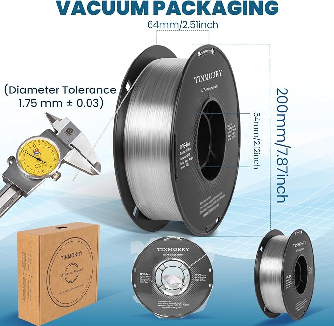 TINMORRY PETG Filament 1.75, Rapid PETG-Eco 3D Printer Filament, Compatible with Most FDM 3D Printers, 1 KG 1 Spool, Transparent