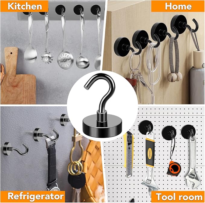 MIKEDE Magnetic Hooks 50LB+ Heavy Duty Magnet Hooks for Cruise Cabins | Super Neodymium Hanging Hooks Black Strong Magnets with Hook for Fridge Magnetic Hanger for Grill Toolbox Pack of 4