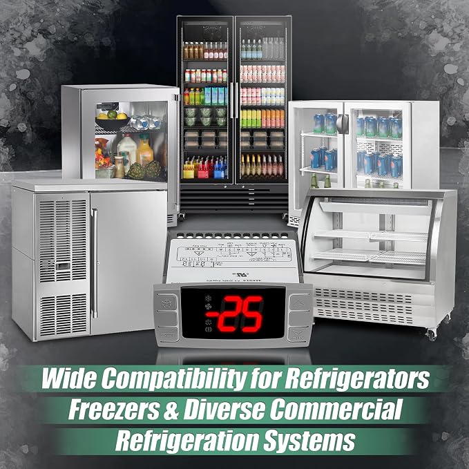 32-bit Enhanced XR06CX-4AAGILS Temperature Controller, Replaces Dixell XR06CX for 110-125V 50-60Hz Commercial Fridges/Freezers, Programmable Digital Thermostat, Voltage Protection & Reset, Red Screen