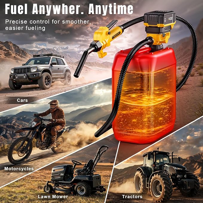 Fuel Transfer Pump for DeWalt 20V Batteries, Cordless 3.7 GPM Flow | Gas Can Pump Kit with Locking Nozzle, 3 Adapters for Gasoline, Diesel, Kerosene & Light Oil, Battery Not Included