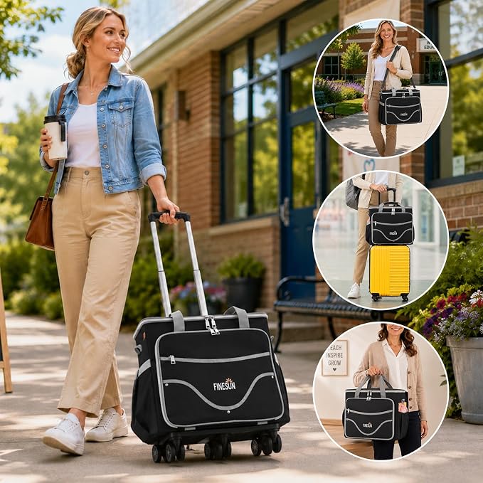 Rolling Teacher Tote Bag with Wheels, Heavy Duty Wheeled Craft Organizer Bag, Portable Art Scrapbook Storage Cart, Travel Office Carry Tote for Women Teachers Craft Supplies Storage Black