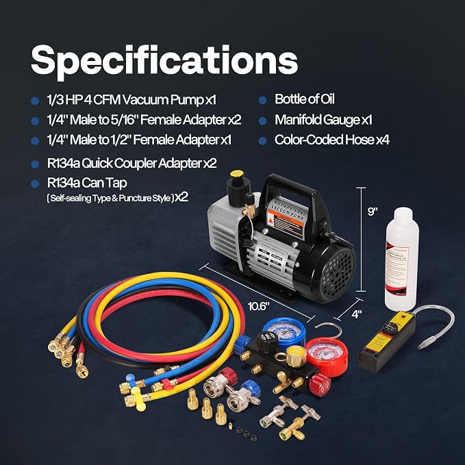 VIVOHOME Upgraded 4CFM 1/3 HP 1-Stage HVAC Vacuum Pump and 4 Way AC Manifold Gauge Set with Leak Detector 5ft Hoses for R134a R12 R22 R502 R410a, Mini Split & Car Air Conditioner Maintenance