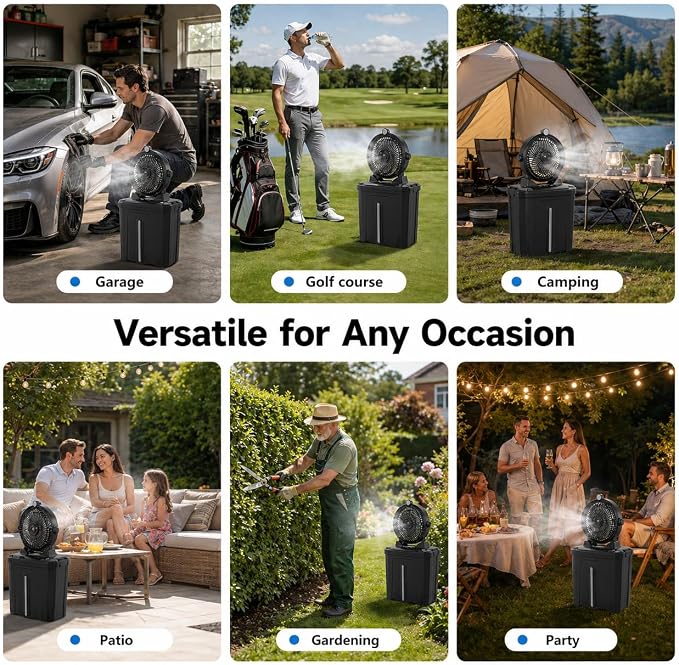 Portable Outdoor Misting Fan, 20000mAh Rechargeable Cordless Cooler with 11L Water Tank, 3-Speed Fan & 3 Fine Spray Outlets, LED Light – Battery Operated Fan for Camping, Golf, Garden & Travel